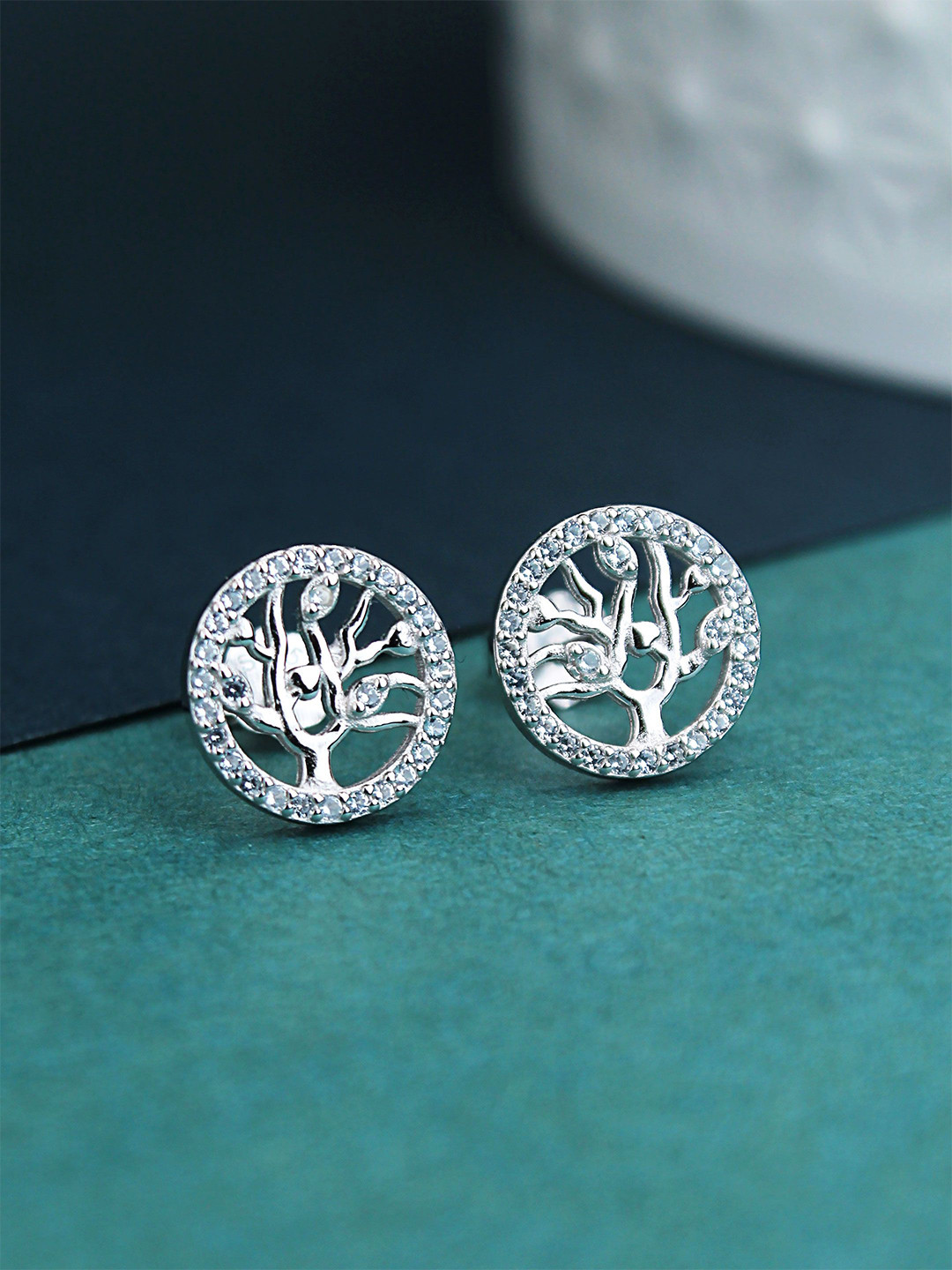 DEVASHREE 925 Sterling Silver Rhodium-Plated CZ Studded Circular Tree Of Life Studs