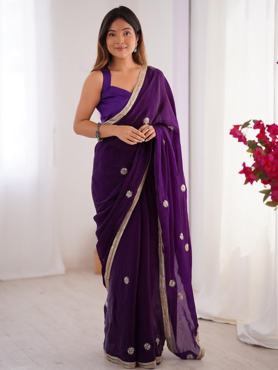 CaniBani Purple Silk Blend Sarees