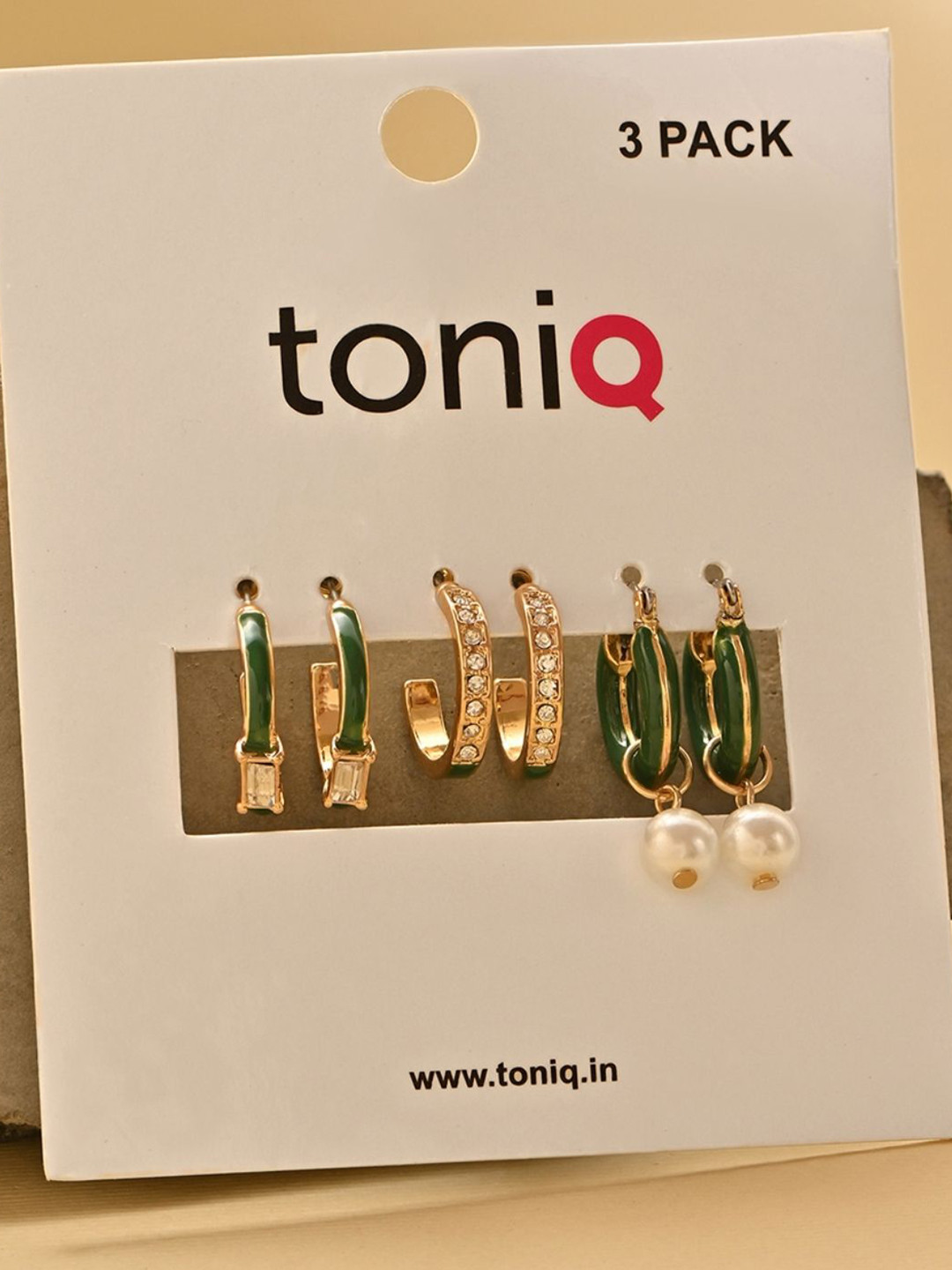 ToniQ Set Of 3 Gold Plated Artificial Stones Studded Contemporary Half Hoop Earrings