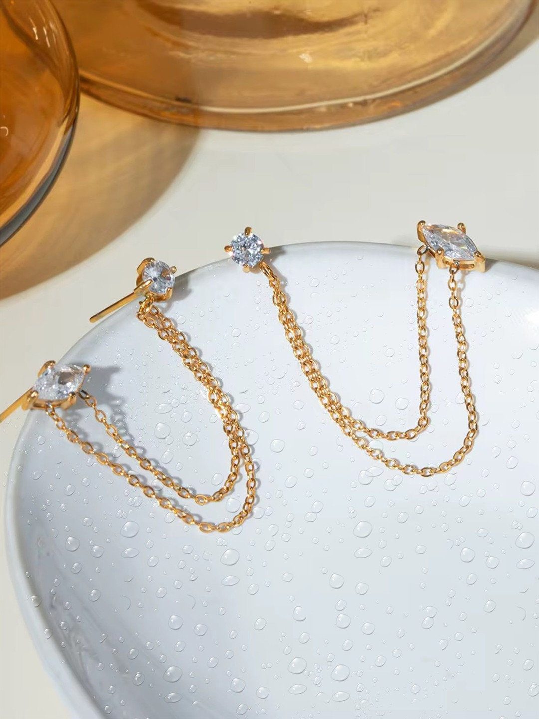 Inaya 18KT Gold Plated Stainless Steel Double Piercing Diamond Studded Drop Earrings