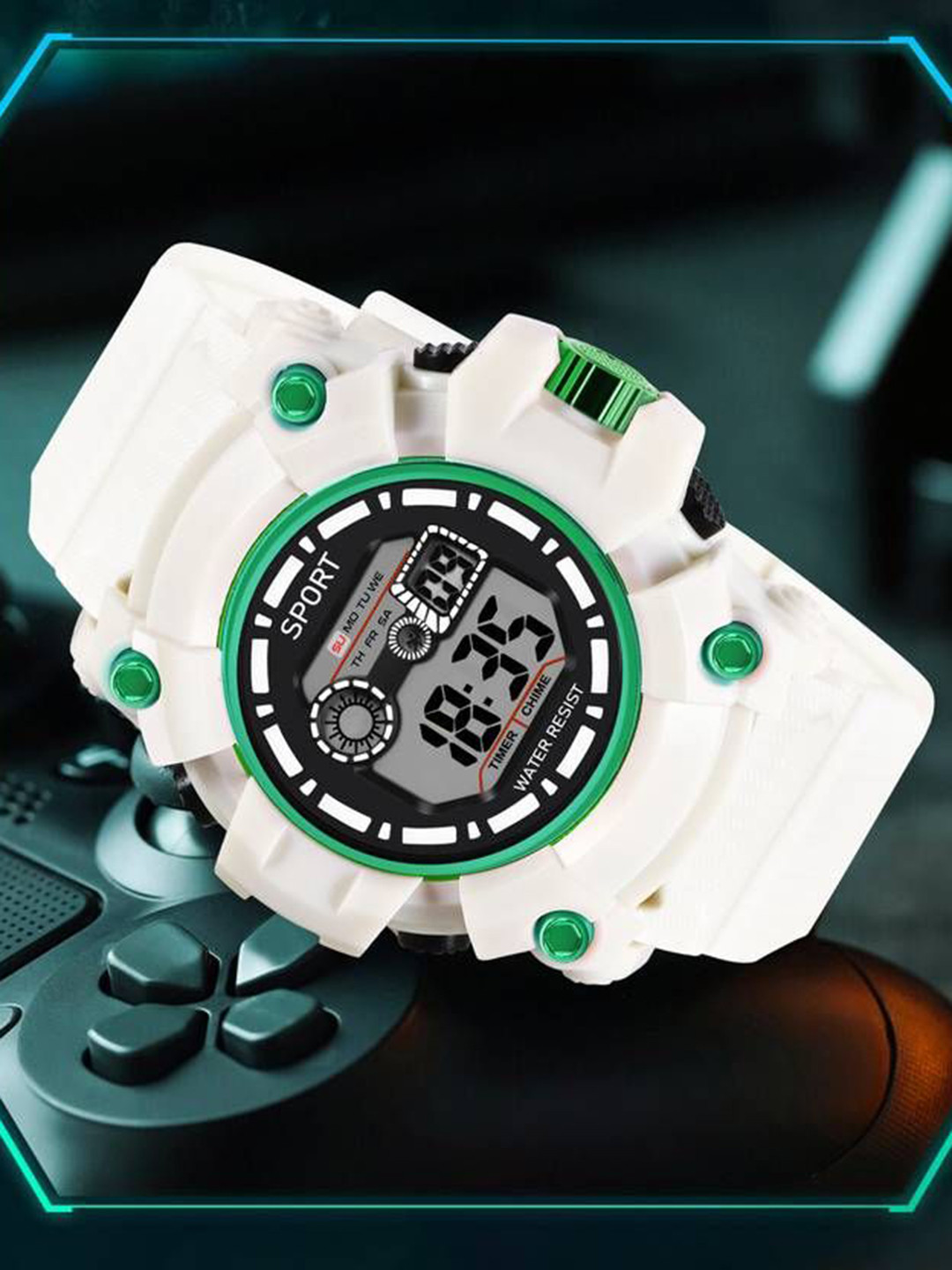 Hala Men Aluminium Dial Digital Watch G80-Green-Ring-White-Band