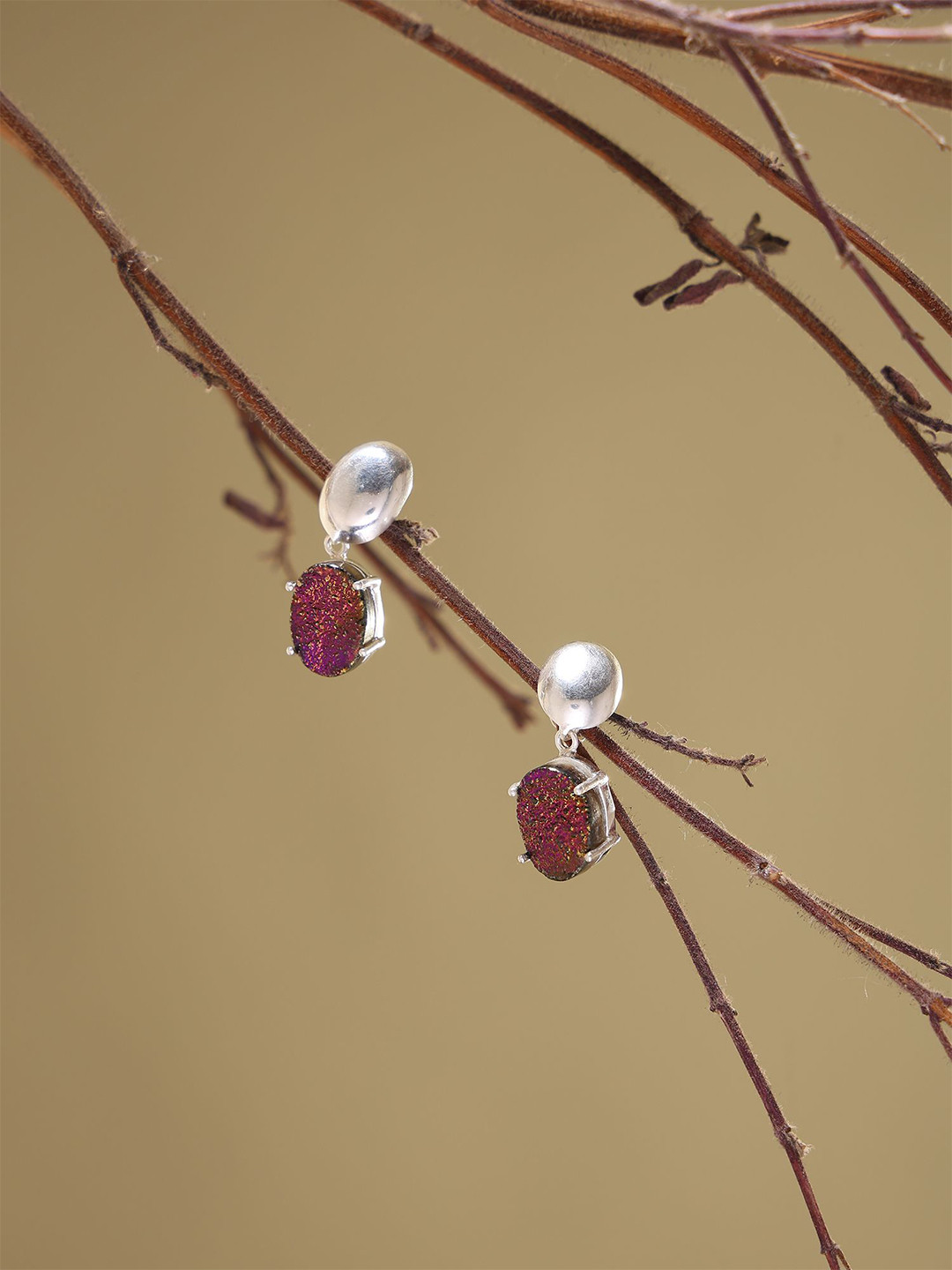 Exotic India Sterling Silver-Plated Titanium Druzy Oval Drop Earrings