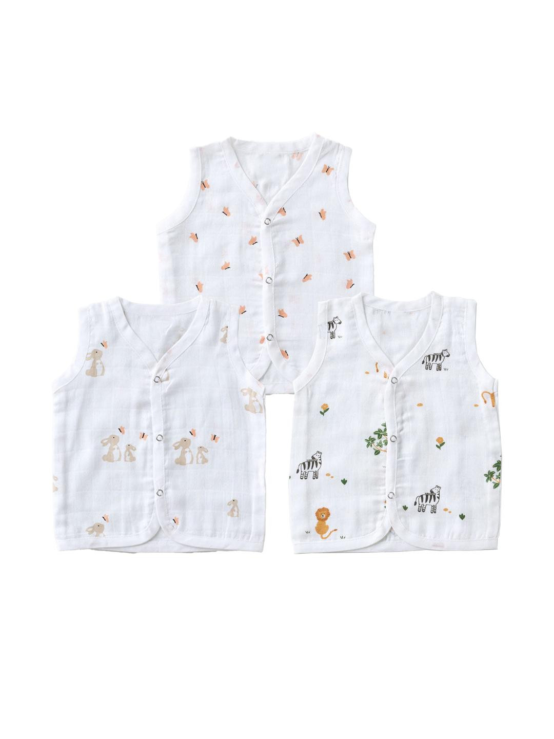 ARYA Kids-Unisex Pack of 3 White Animal Printed Pure Cotton Vest