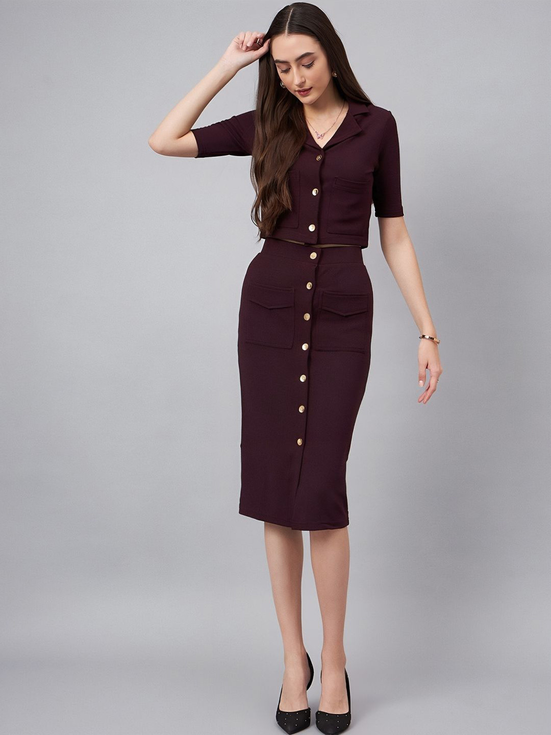 Mast & Harbour Collared Neck Half Sleeves Shirt With Skirt Co-Ords
