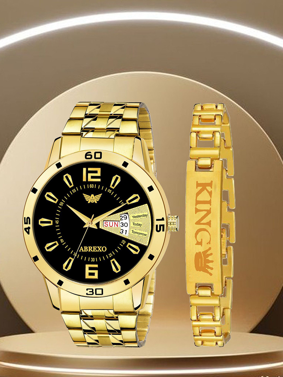 Abrexo Men Bracelet Style Straps Analogue Watch With Bracelet Abx1220-Black plus Gold