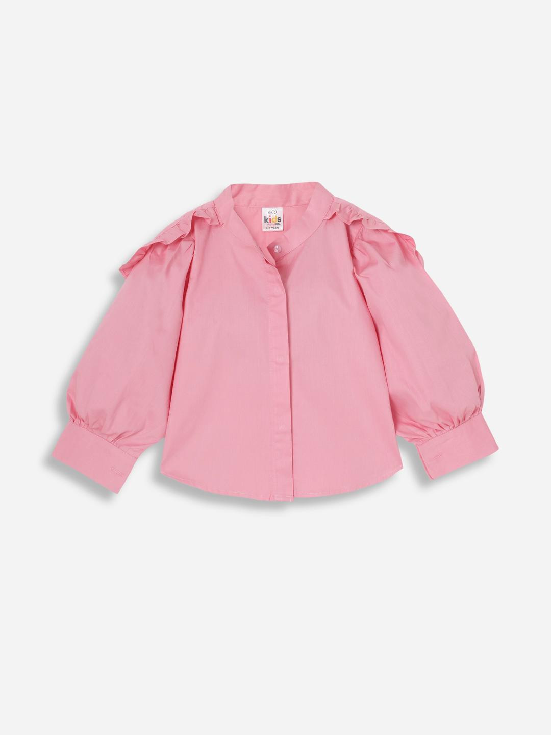 KICO Girls Solid Puff Sleeve Ruffle Shirt