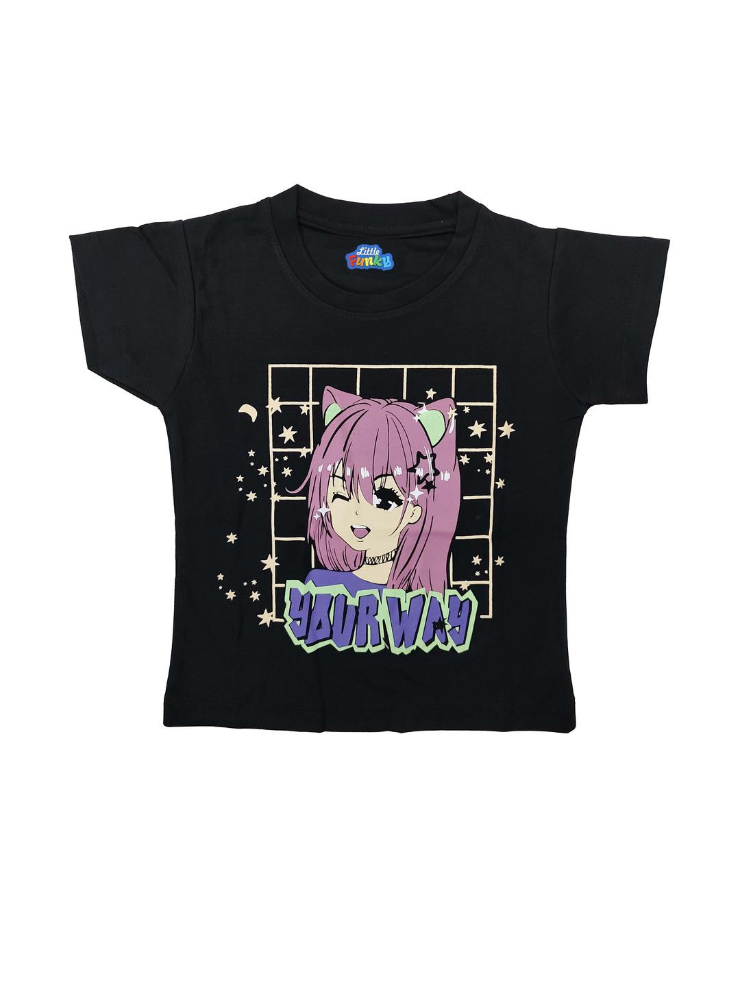Little funky Girls Black Graphic Printed T-shirt