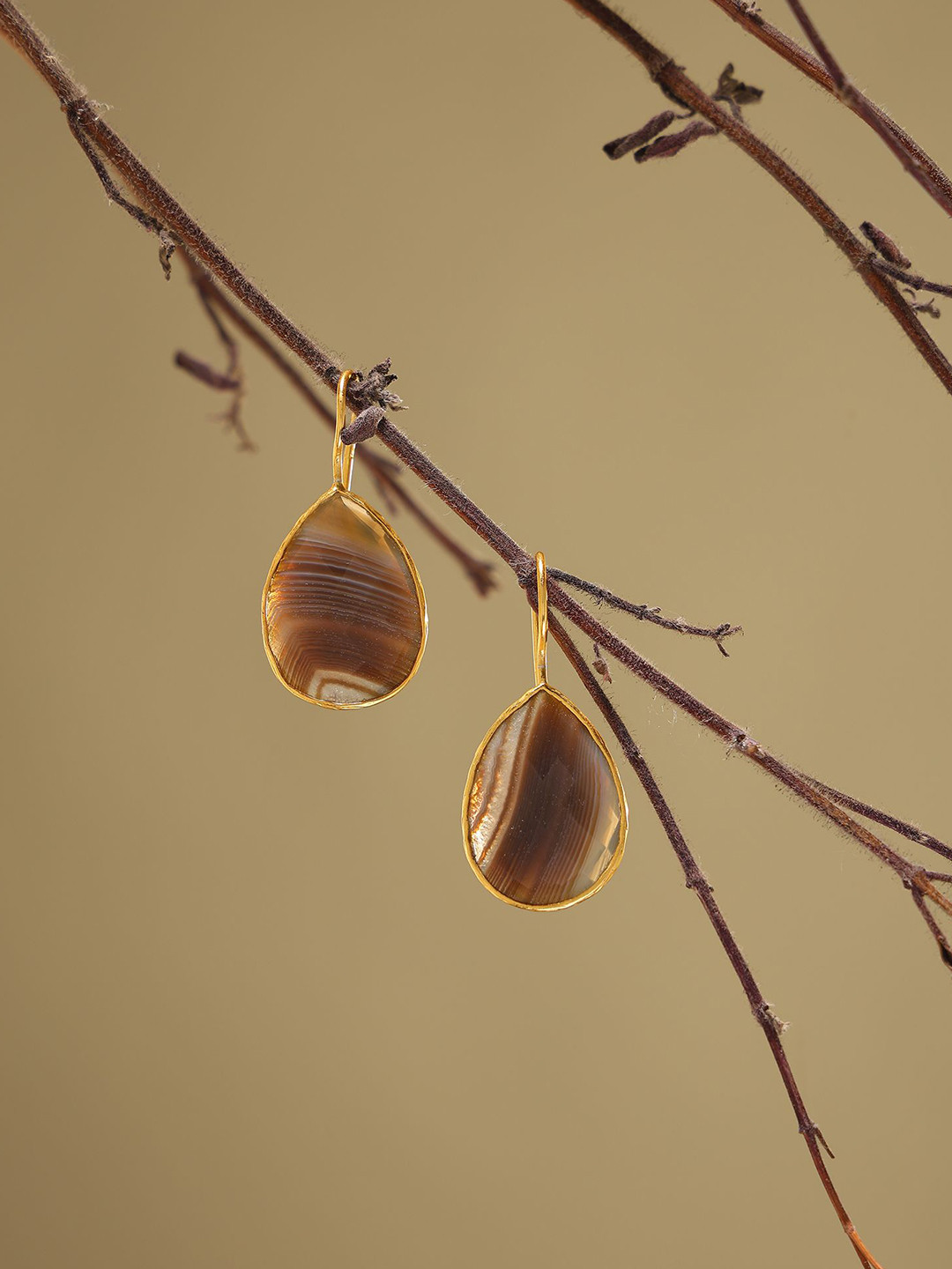 Exotic India Sterling Silver Gold-Plated Agate Teardrop Shaped Drop Earrings