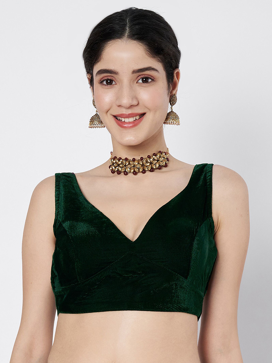 flaher Velvet V-Neck Sleeveless Saree Blouse