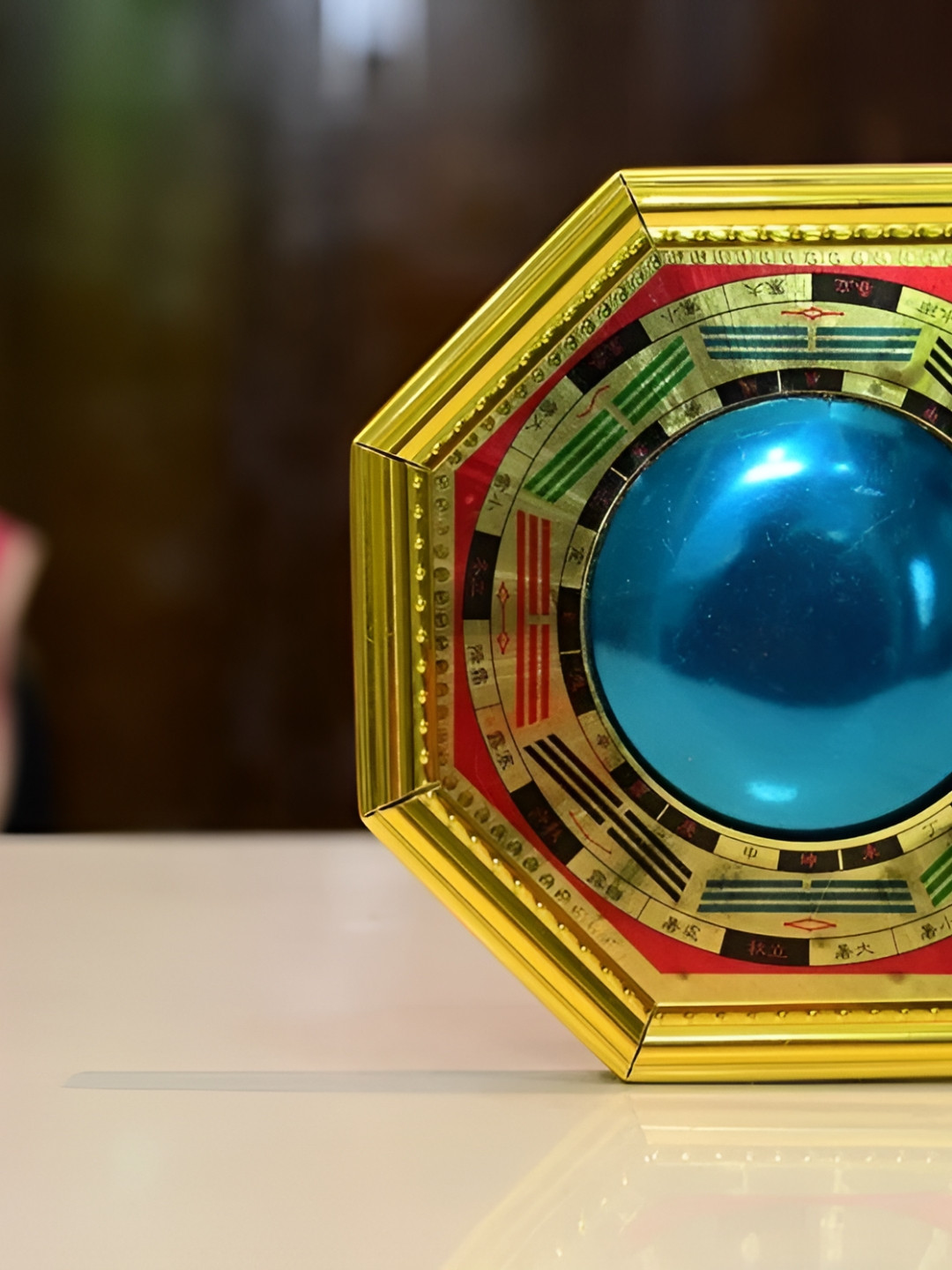 VASTU ART Beige & Blue Wooden Pakwa Mirror Fengshui Showpiece