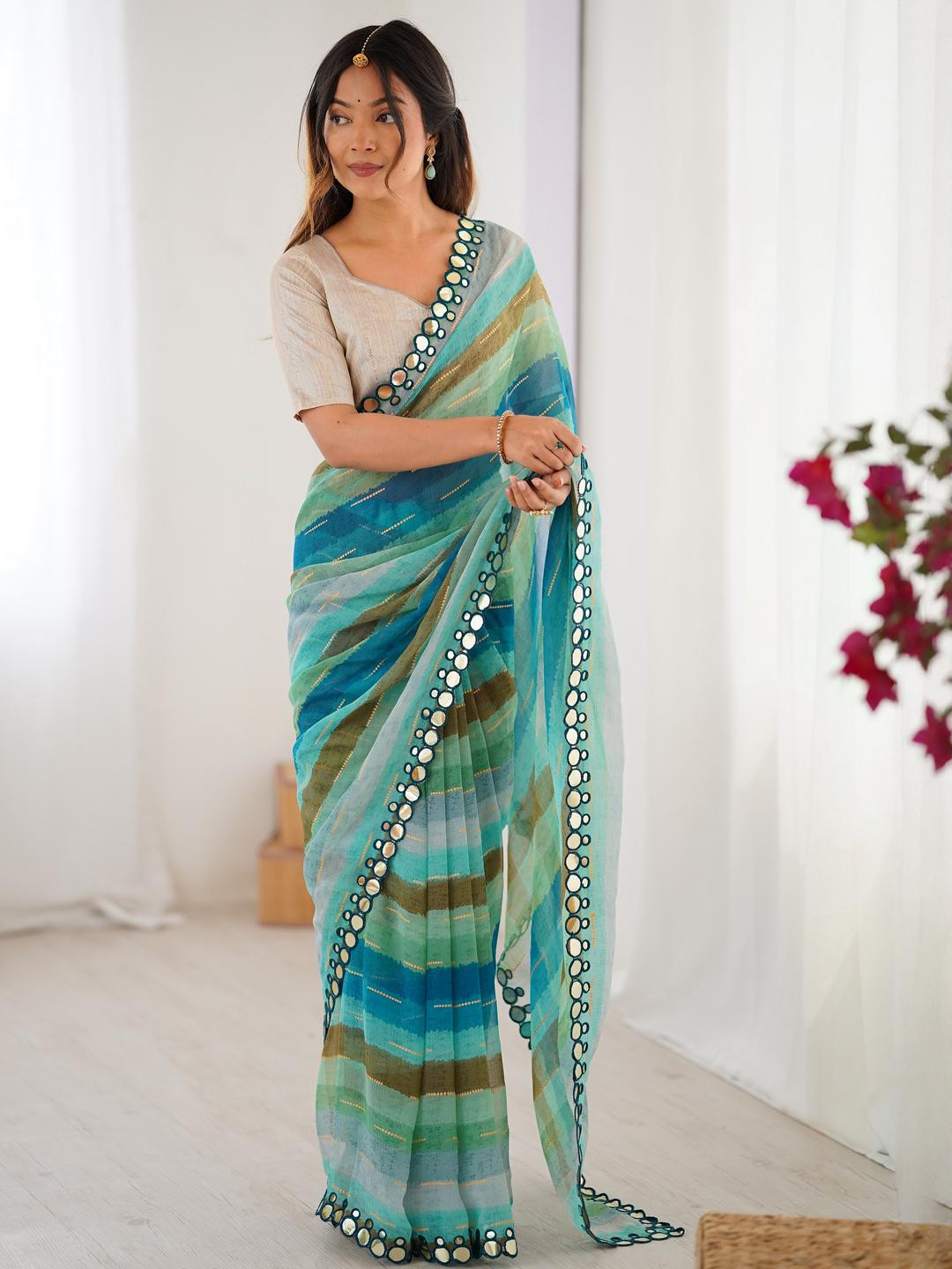 CaniBani Turquoise Blue Poly Chiffon Sarees