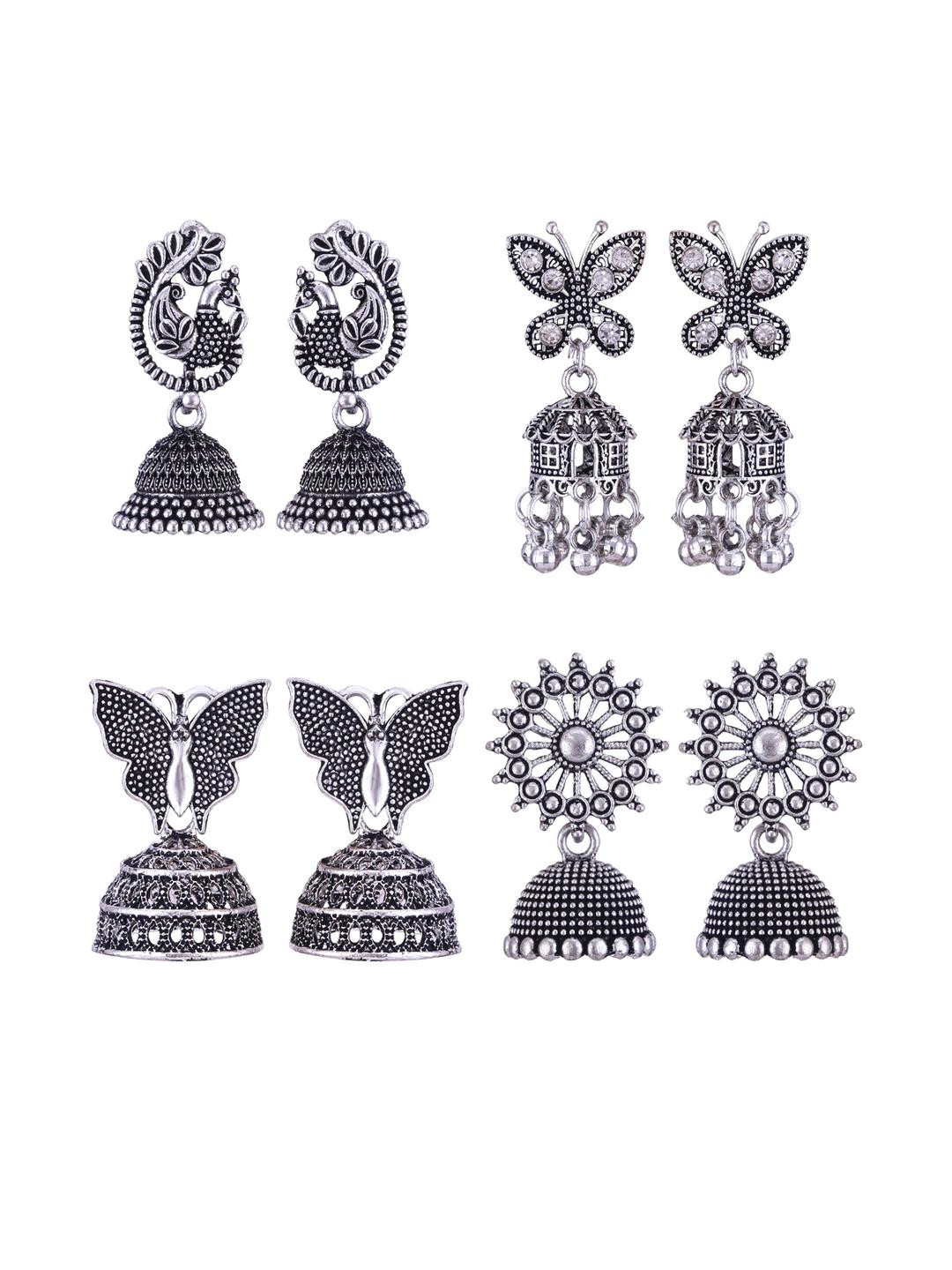 Sangria Oxidised Silver Pair of 4 Peacock Shaped Jhumkas Earrings