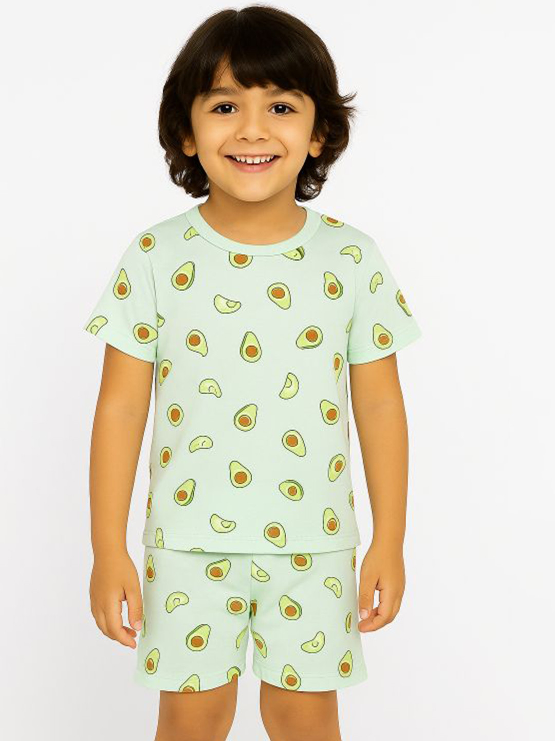 Tiny Hugs Cotton Half Sleeves and shorts Avacado Printed Co-ord Set-Green