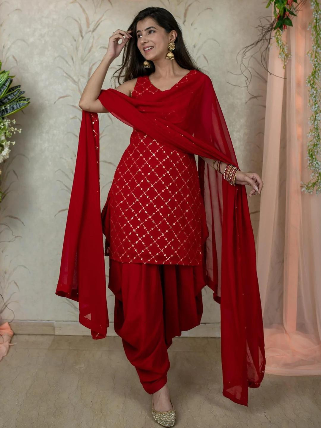 Xomantic Fashion Red Patiala Party Kurta Set with Dupatta