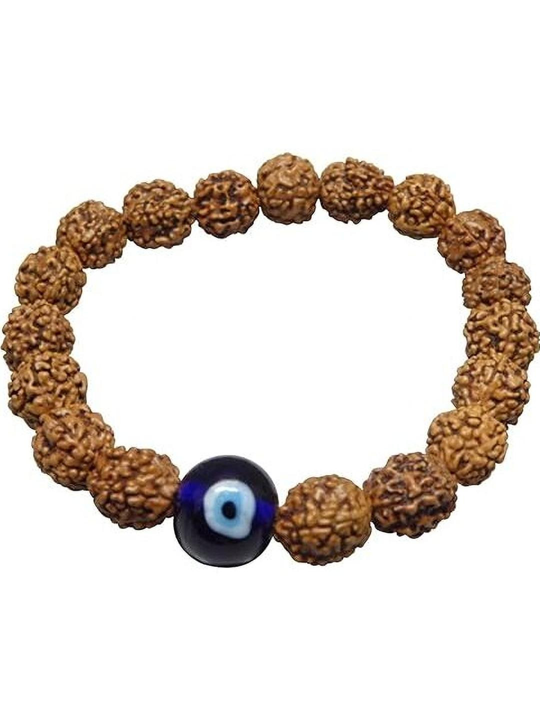 VIBESLE Unisex Rudraksha Wooden Beaded With Evil Eye Elasticated Bracelet