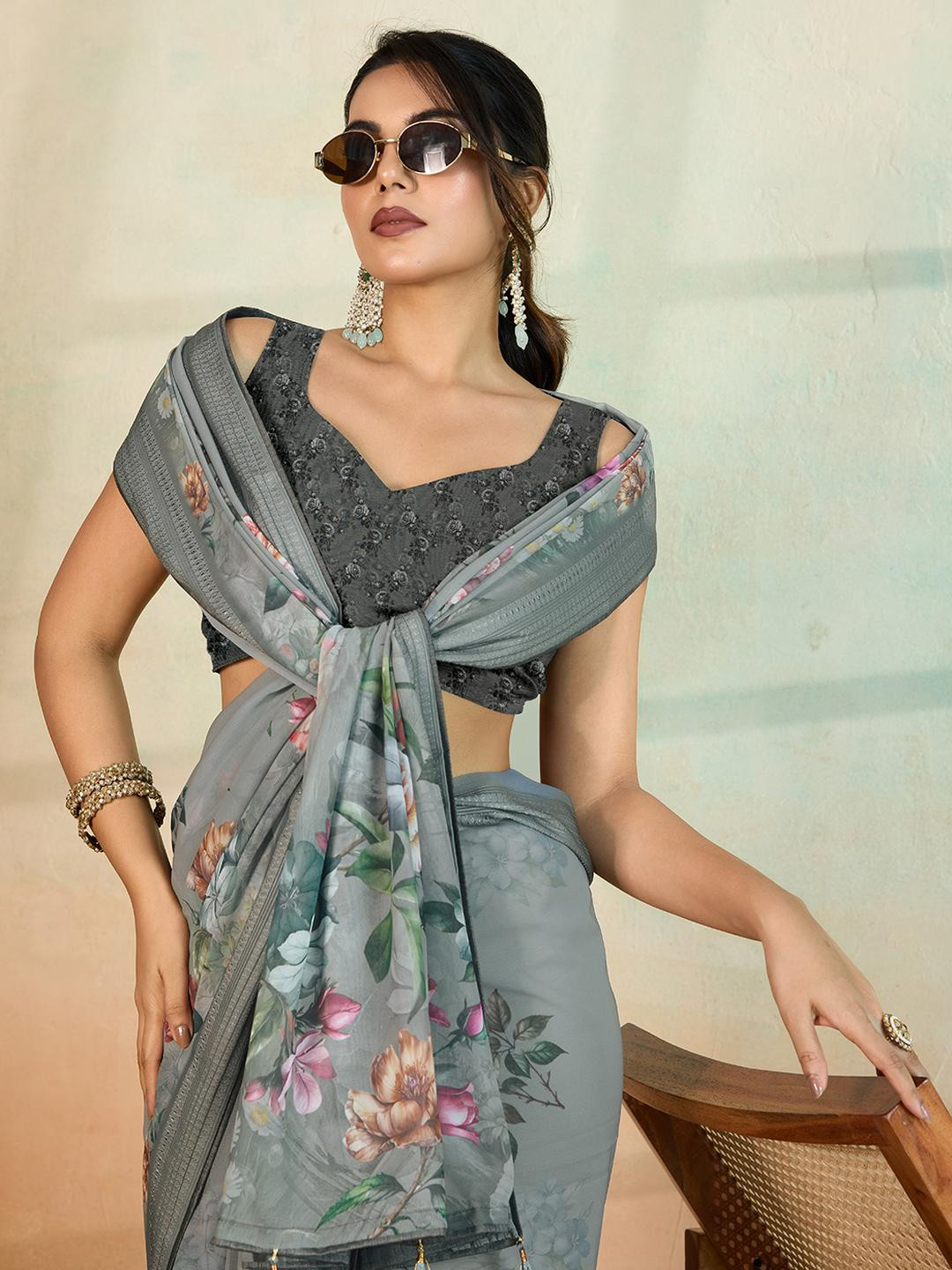 TASRIKA Grey Melange Pure Georgette Sarees