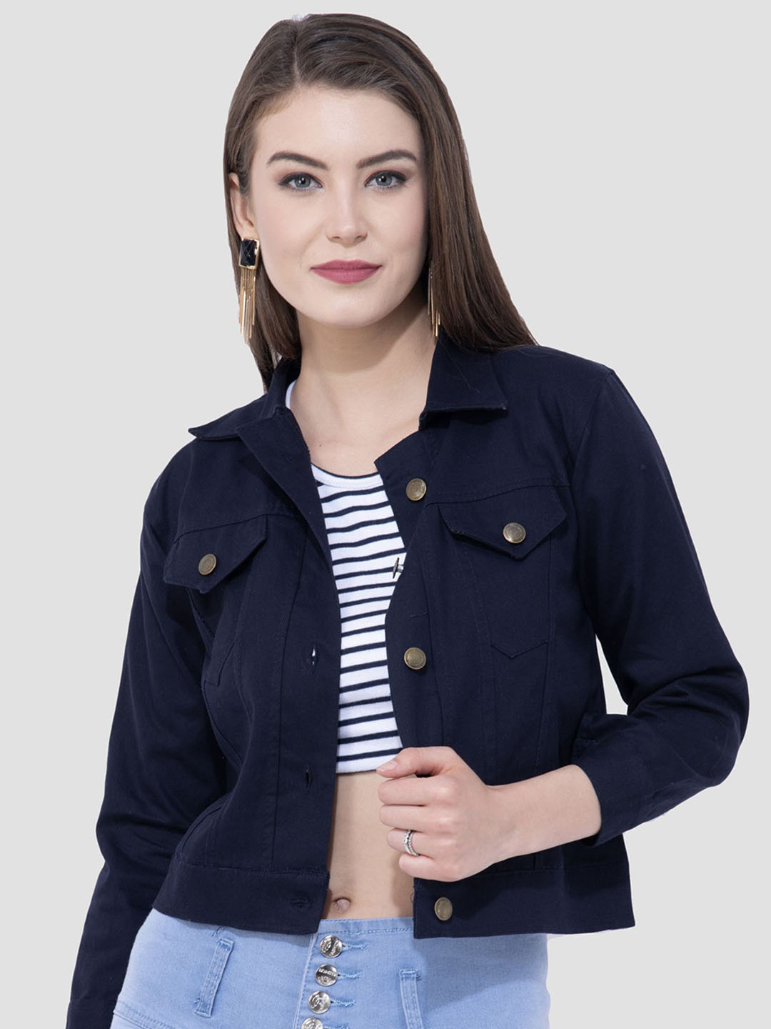 MONTREZ Cotton Lightweight Crop Denim Jacket with Embroidered