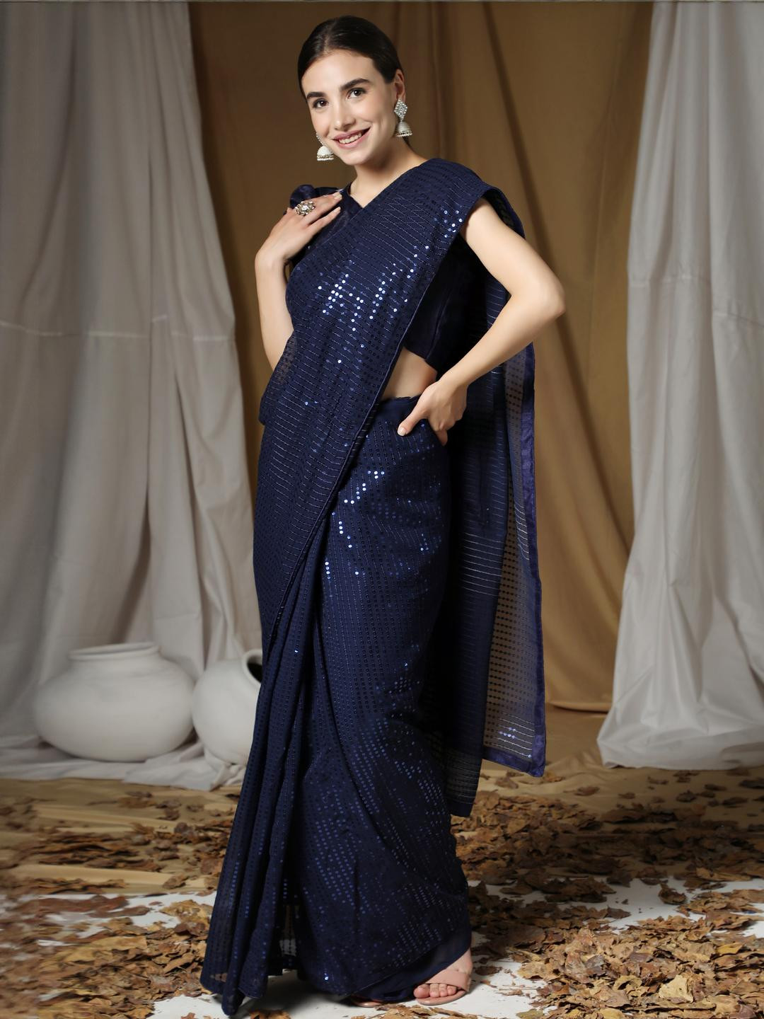 CaniBani Pure Georgette Navy Blue Sequinned Saree