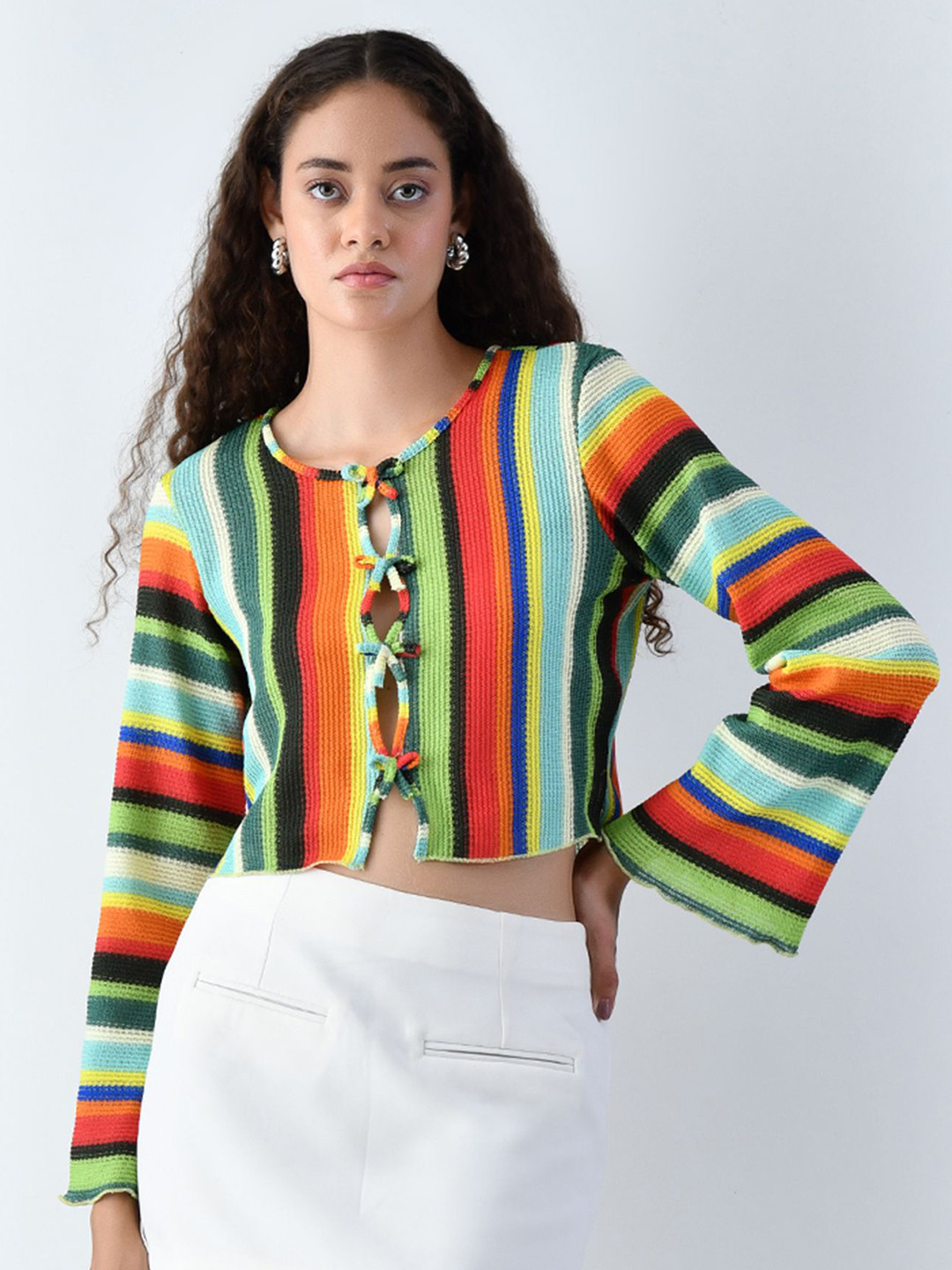 KELIN Women Vertical Striped Round Neck Pure Cotton Shirt Style Top