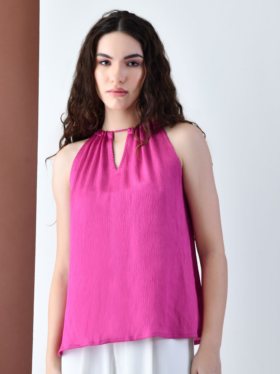 KELIN Women Solid Tie-Up Neck Satin A-Line Top