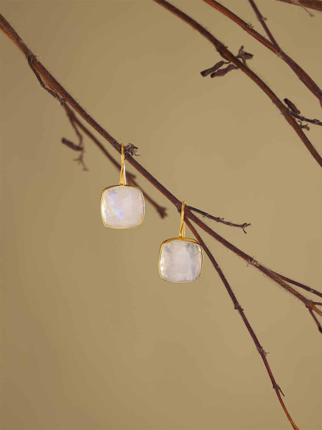 Exotic India Sterling Silver Gold-Plated Rainbow Moonstone Square Drop Earrings