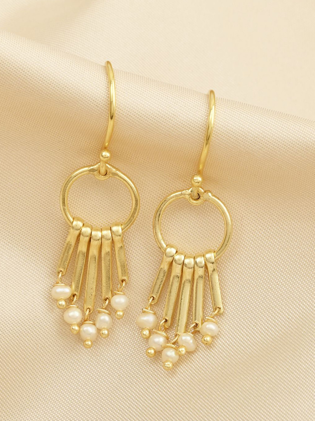 La Vita Gold Plated Pearls Beaded Circular Shaped Tasselled Drop Earrings