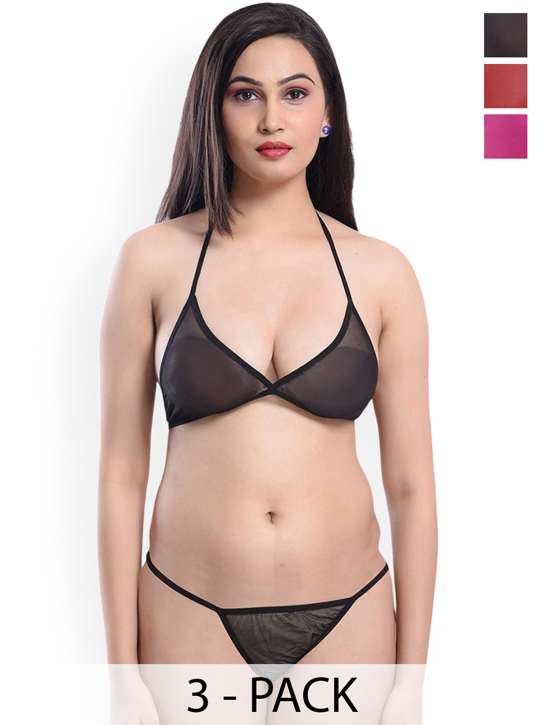 Xs and Os Pack Of 3 Lightly-Padded Lingerie Sets CB3_BP_POW_X1_BLK_RED_ROSE_NY_SMALL