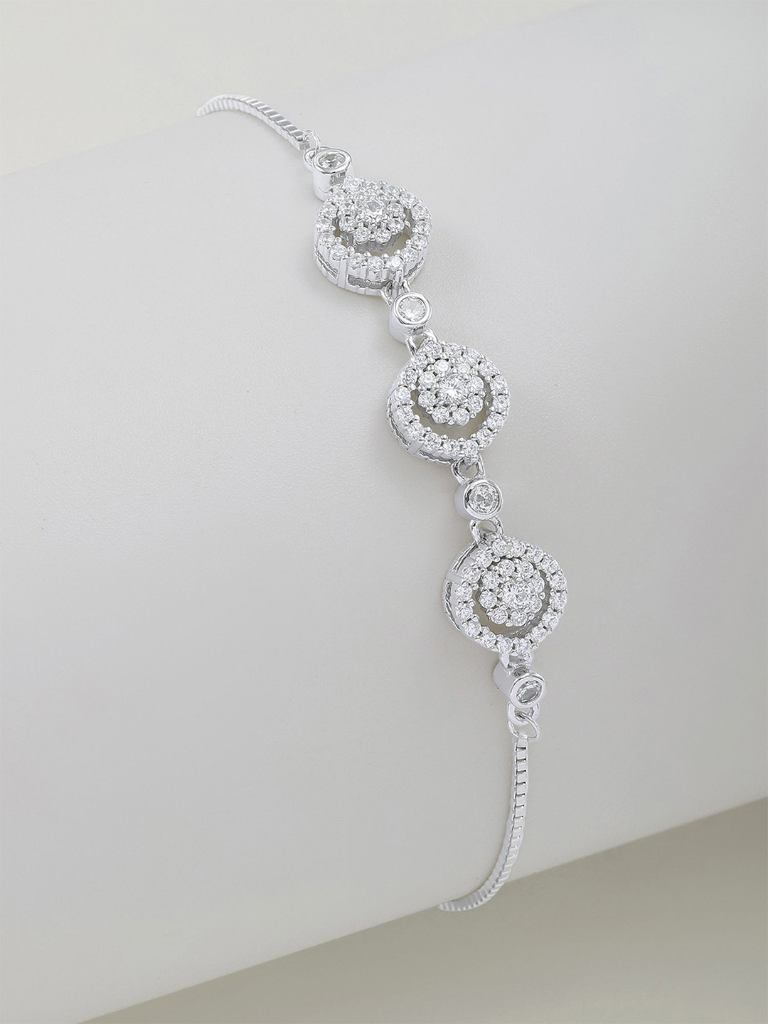 Tweov Jewels Women 925 Sterling Silver Rhodium-Plated CZ Triple Charm Chain Bracelet