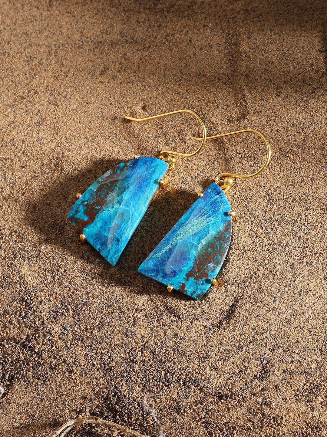 Exotic India Sterling Silver Gold-Plated Geometric Shaped Chrysocolla Studded Drop Earring