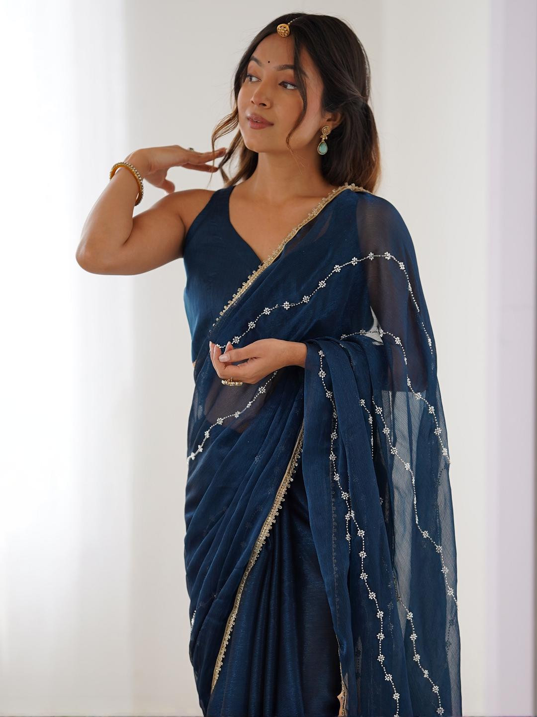 CaniBani Teal Silk Blend Sarees