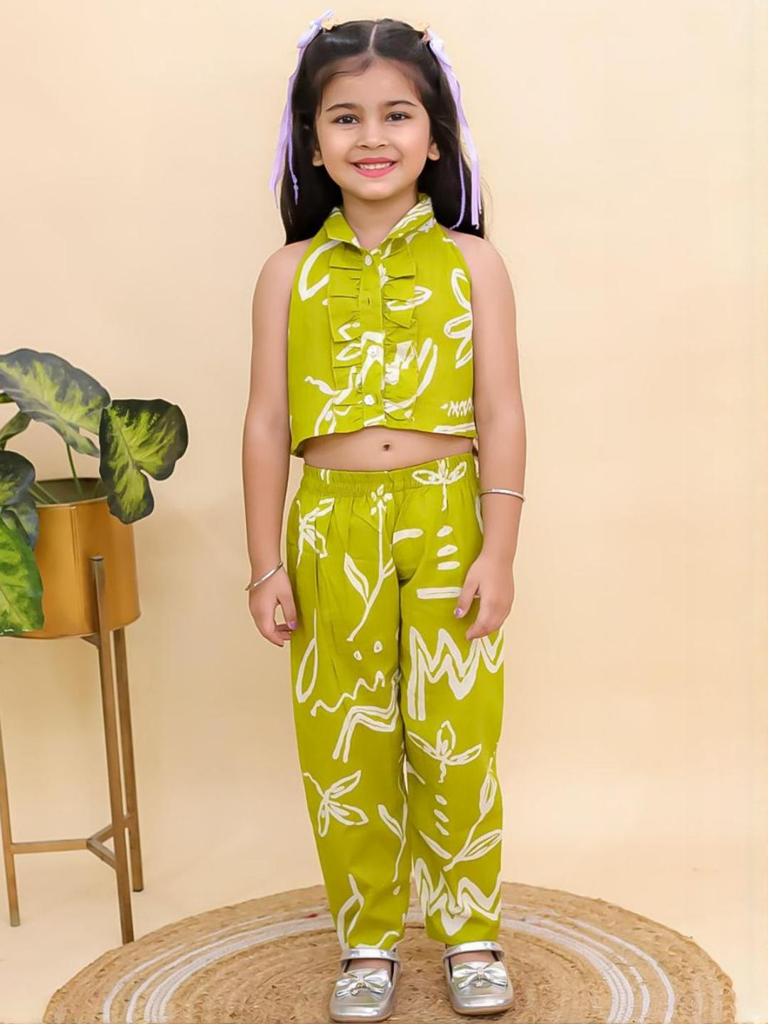 House Of Kids Girls Green Cotton Halter Neck Summer Co-ord Set