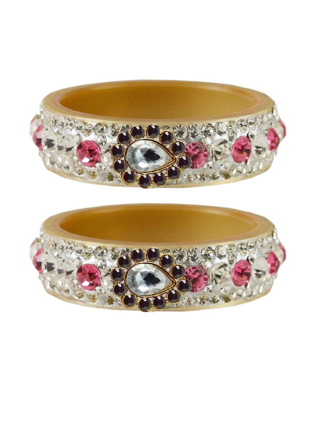Vidhya Kangan Women Set of 2 Cream with Artificial Stones Plastic Bangles