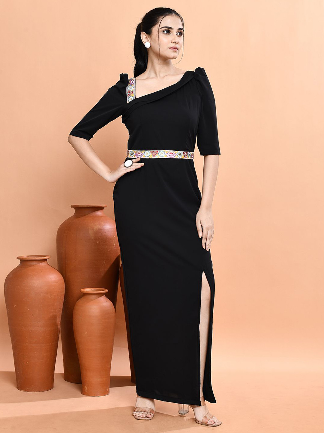 Vestajo Boutiqo Asymmetric Neck Belted Crepe Slits Maxi Dress