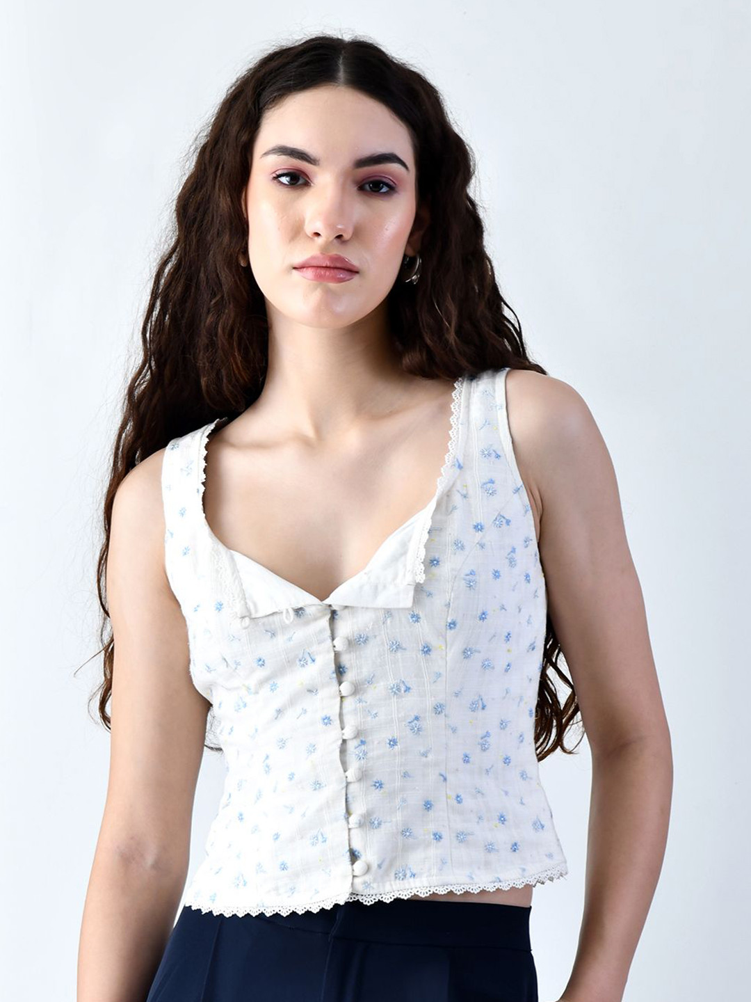 KELIN Women Floral Printed Scoop Neck Pure Cotton Crop Vest Top
