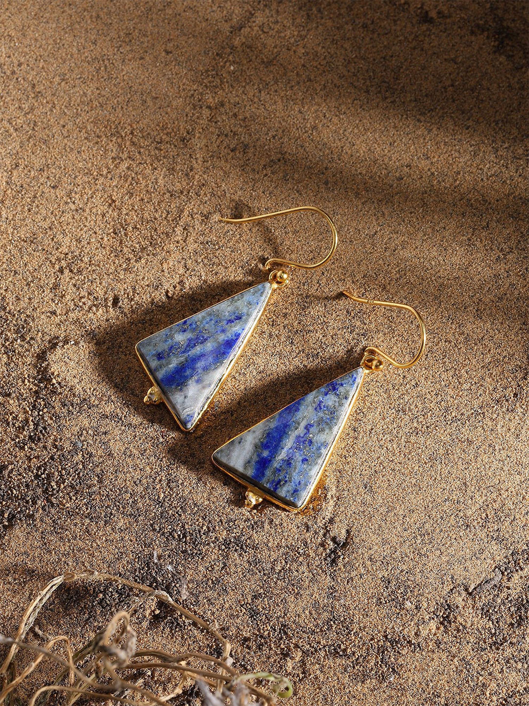 Exotic India Sterling Silver Gold-Plated Lapis Lazuli Triangular Drop Earrings