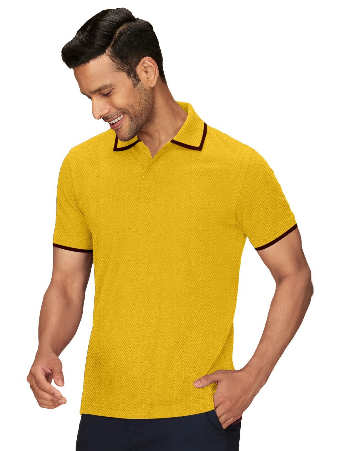FTX Men Yellow Self Design Polo Collar T-shirt
