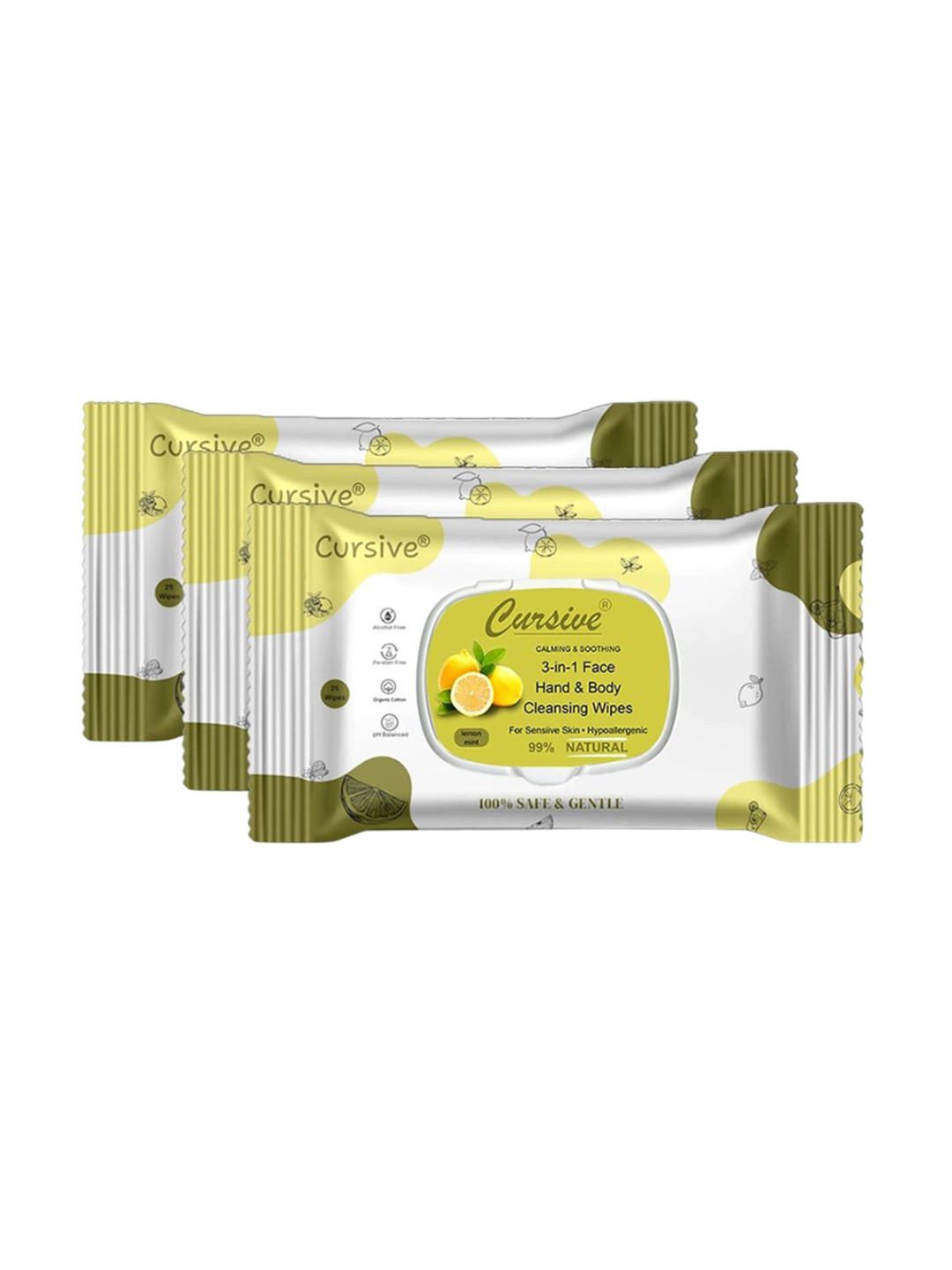 CURSIVE Set Of 3 Refreshing Lemon Mint 3-In-1 Hand Body & Face Wet Wipes - 25 Pulls Each