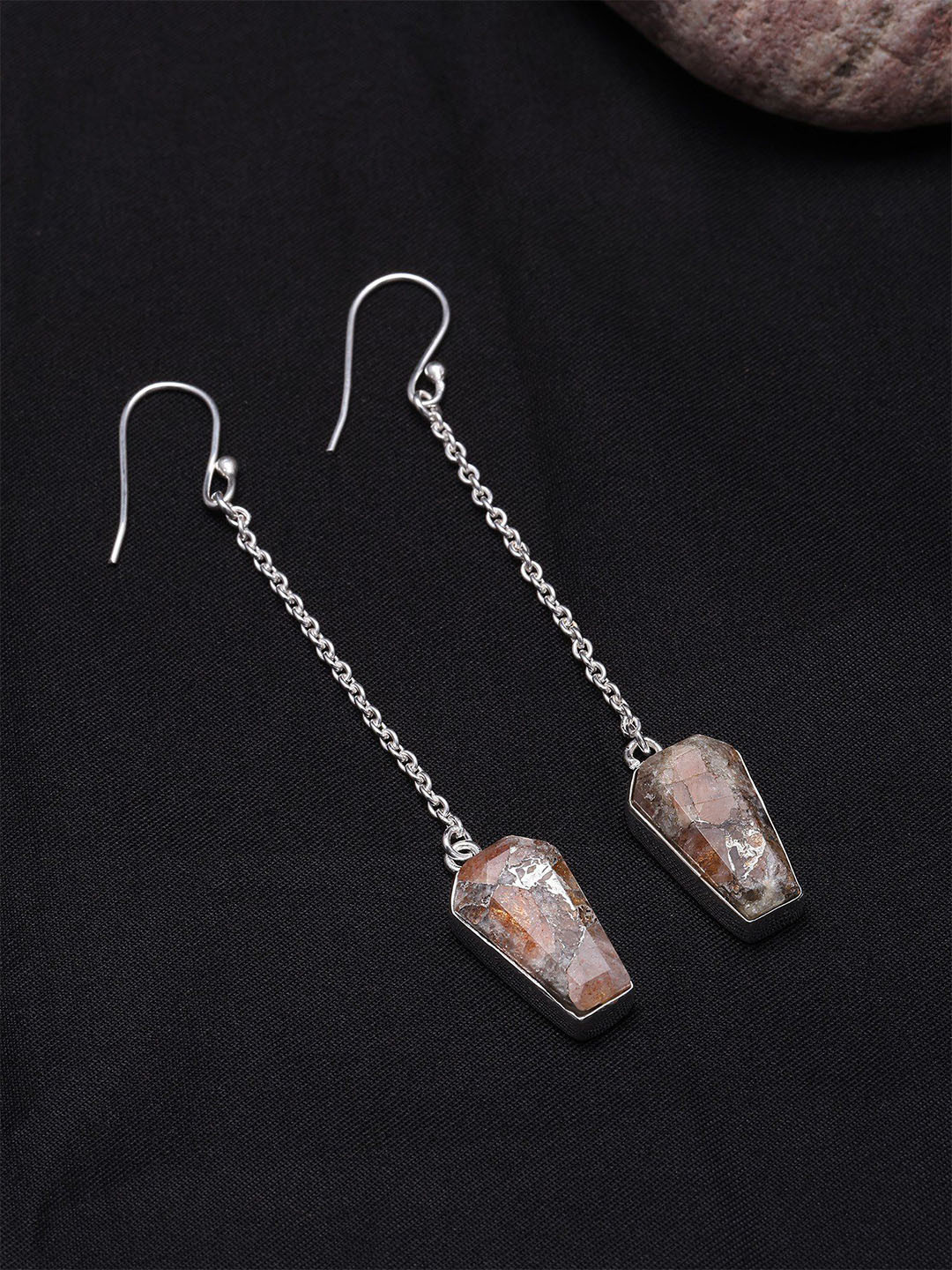 Exotic India Sterling Silver Sunstone Copper Geometric Drop Earrings