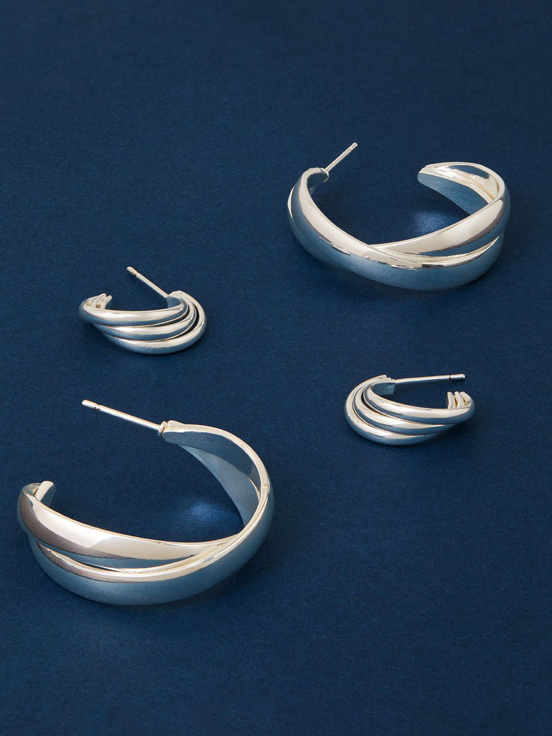 Accessorize Set Of 2 Silver-Plated Chunky Contemporary Half Hoop Earrings