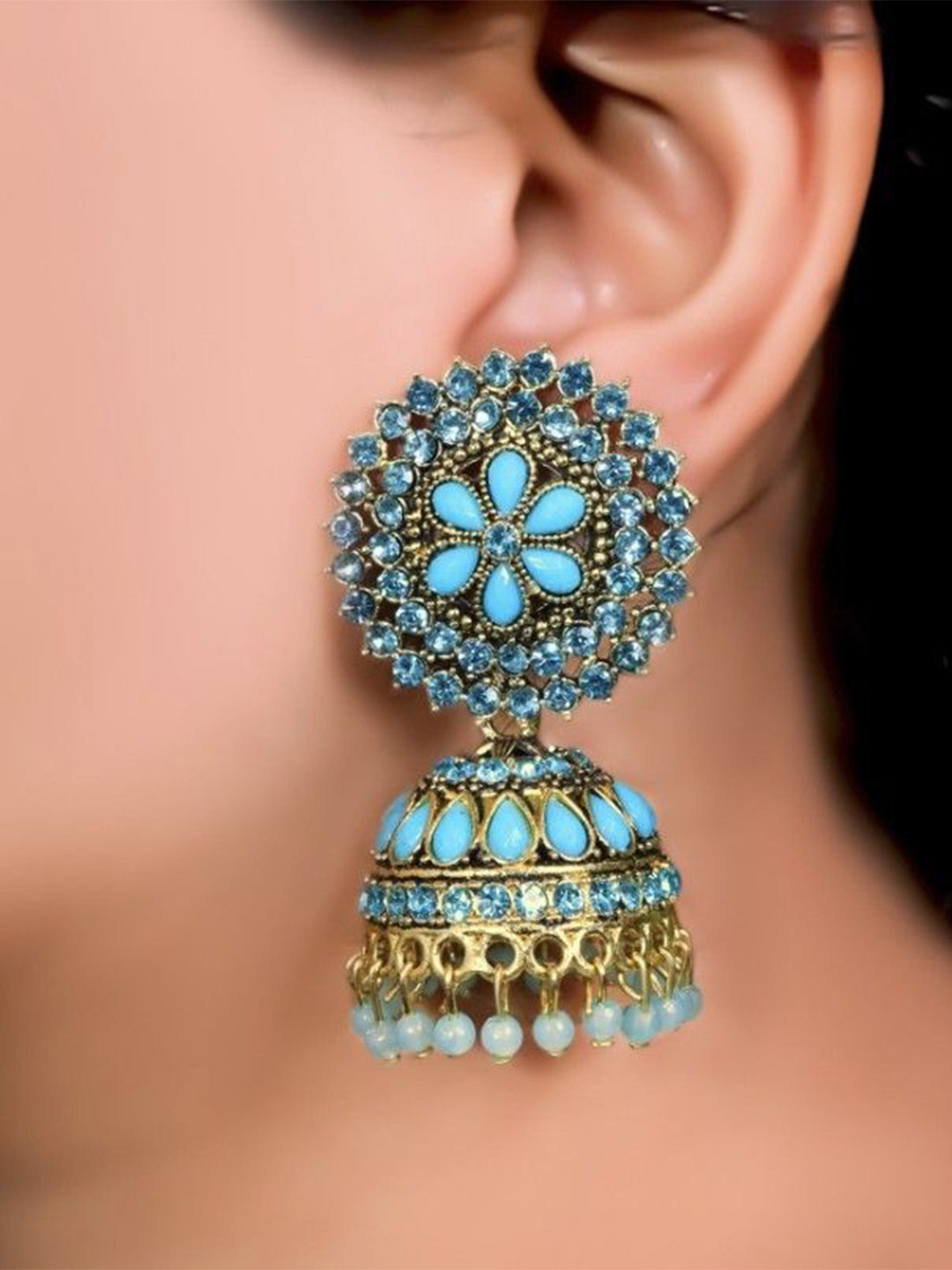 Zoey Exclusive Artificial Stones Studded And Beaded Fascinating Dome Shaped Jhumkas