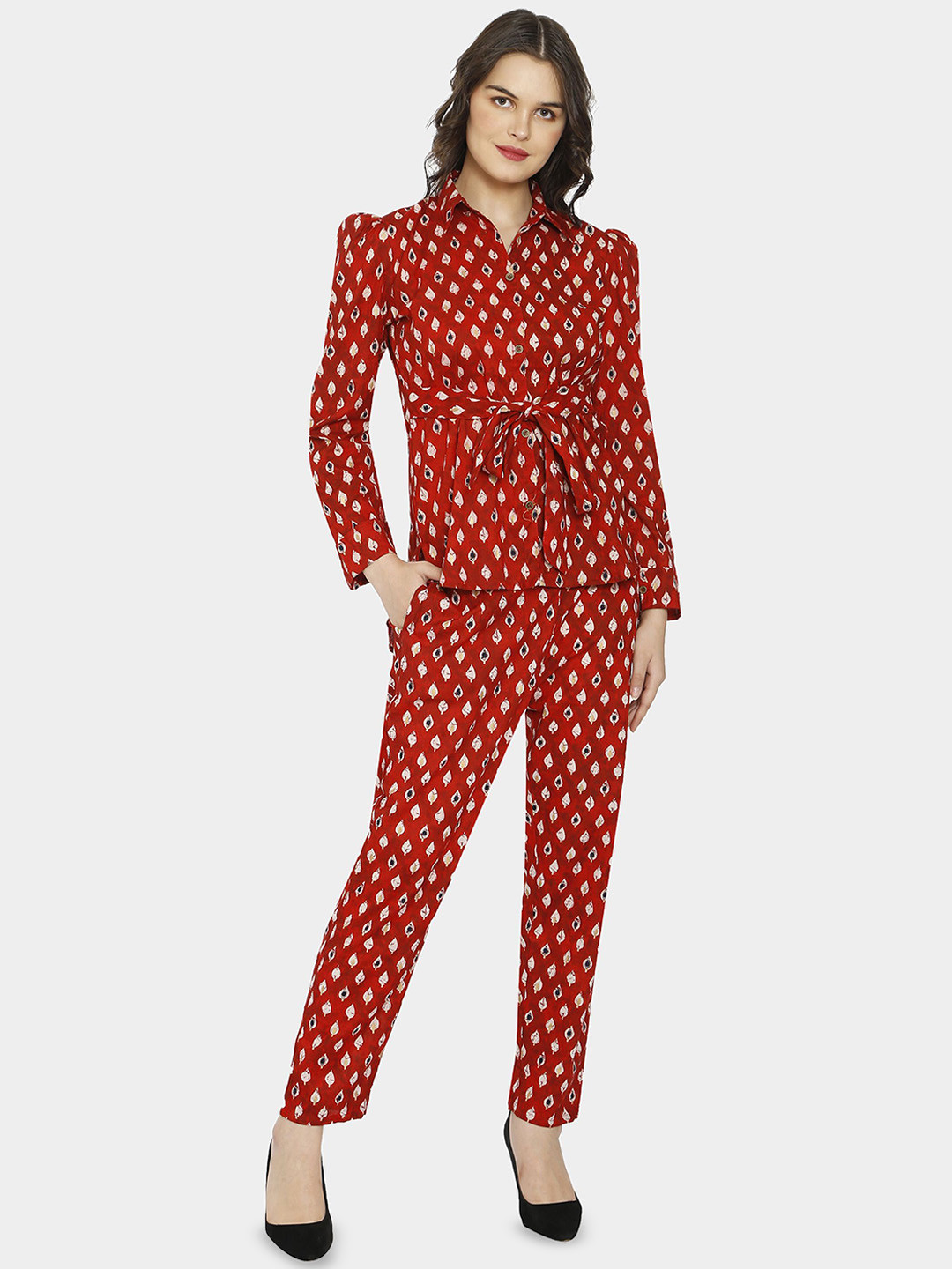 HAUTEMODA Printed Pure Cotton Collared Neck Long Sleeves Belt Top With Trousers Co-Ords