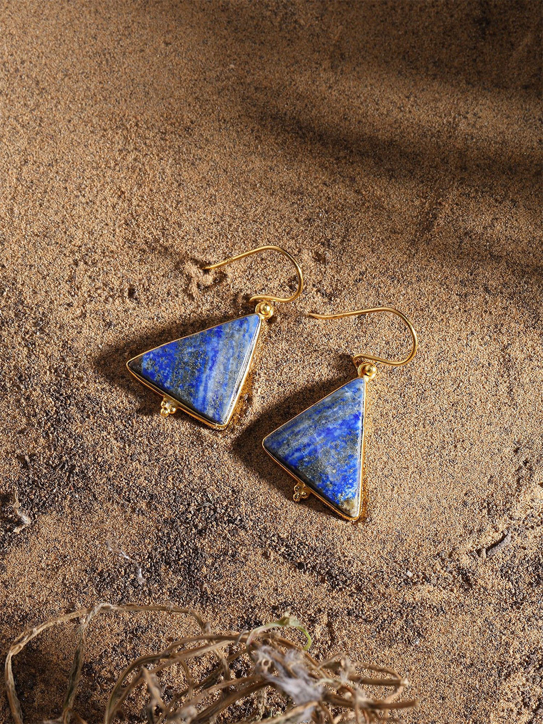 Exotic India Sterling Silver Gold-Plated Lapis Lazuli Studded Triangular Drop Earrings
