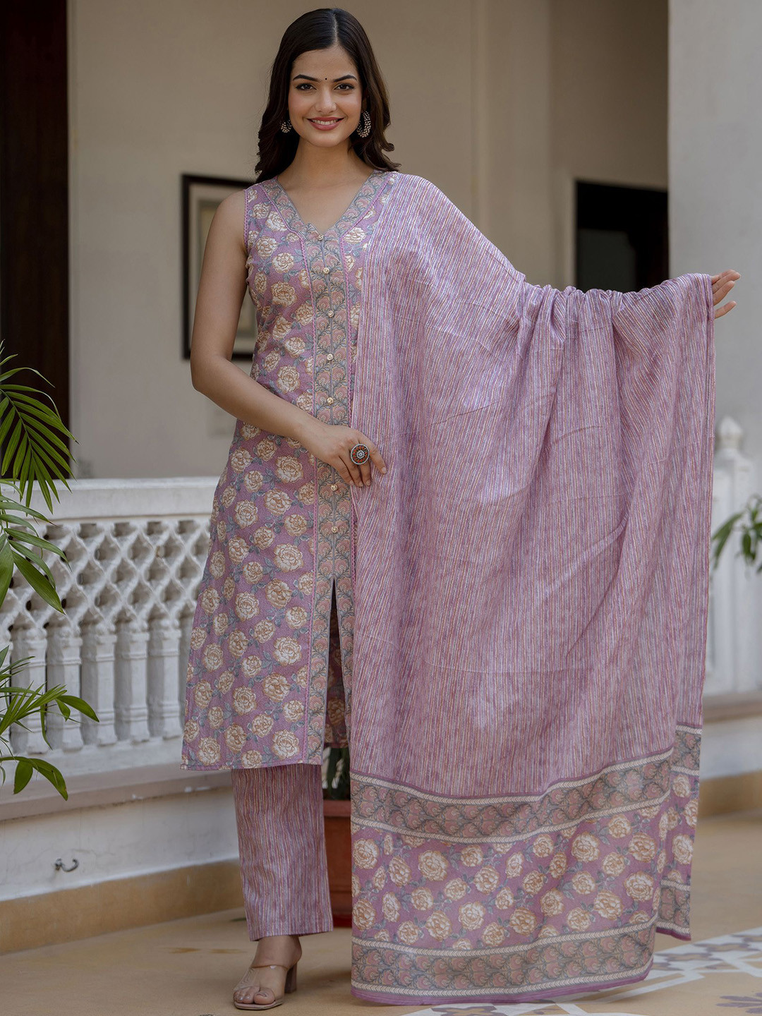 Anouk Rustic Women Floral Printed Front Slit Pure Cotton Kurta with Trousers & Dupatta