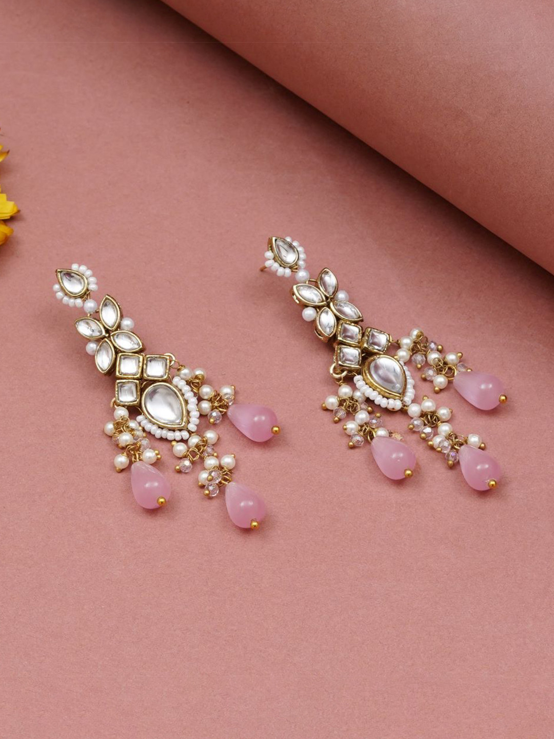 BeAbhika Gold-Plated Teardrop Shaped Cascade Kundan Drop Earrings