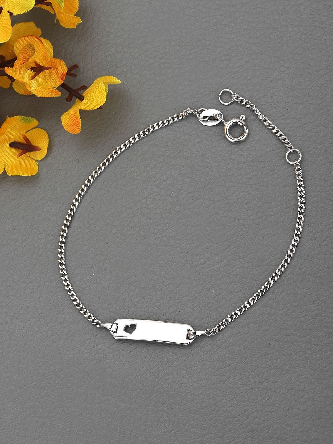 VANBELLE 925 Sterling Silver Rhodium Plated Bar Engraved Heart Charm Bracelet