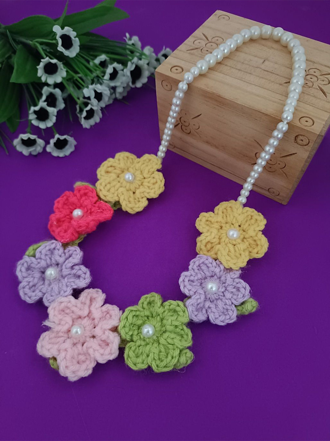 Sanjog Multicolored Floral Crochet Woolen Handmade Beaded Necklace