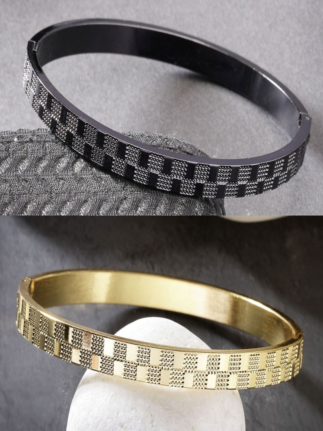 Roadster Men Set of 2 Gold & Black Rhodium-Plated Stainless Steel Kada Bracelet