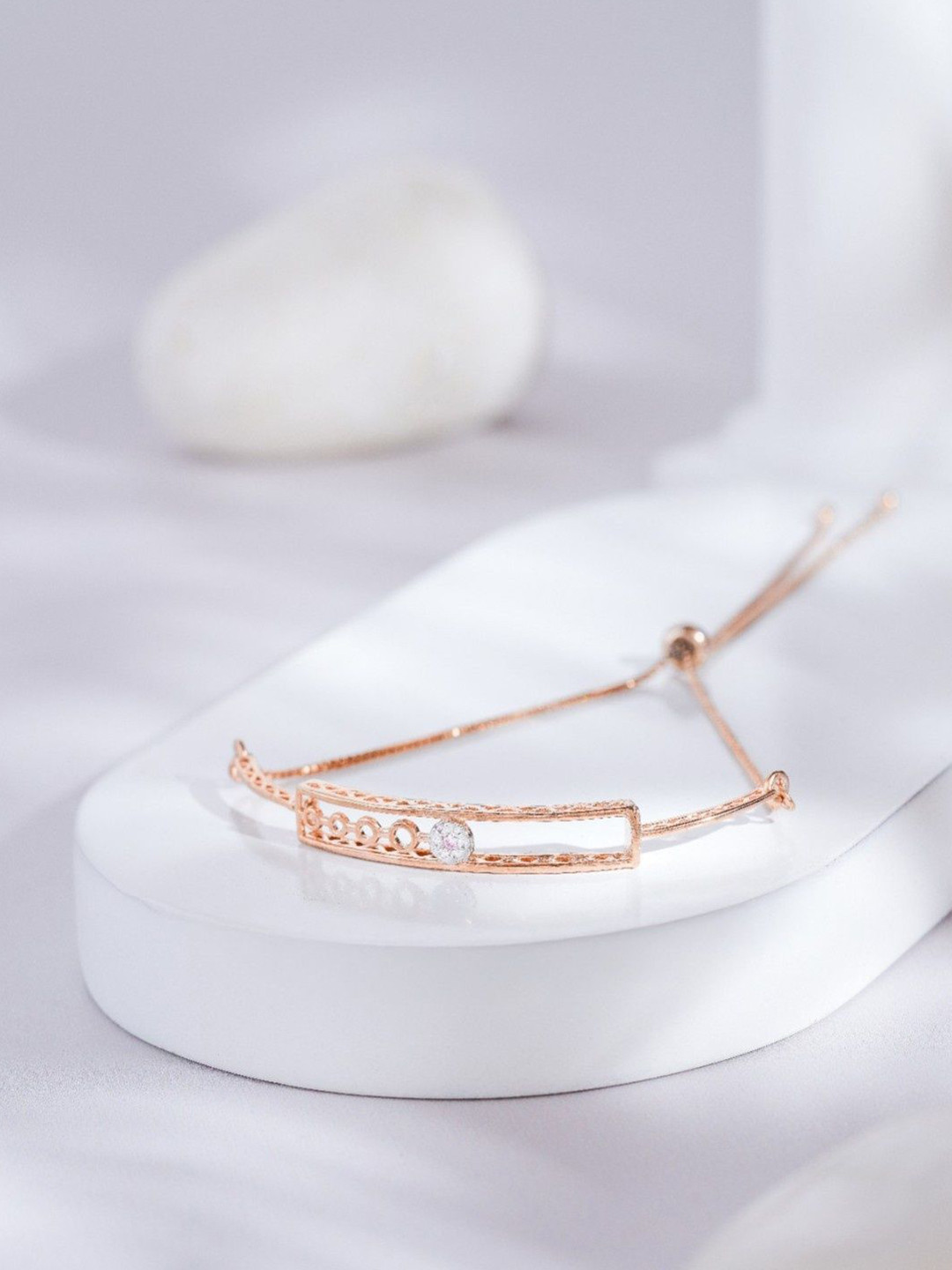 ZEVARAATI Women Silver American Diamond Rose Gold-Plated Charm Bracelet