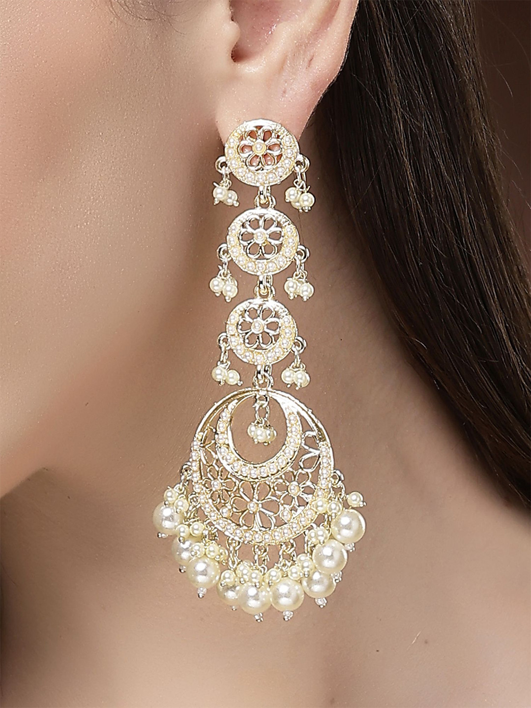 KARATCART Gold-Plated Multi-Tier Pearl Studded Chandbalis