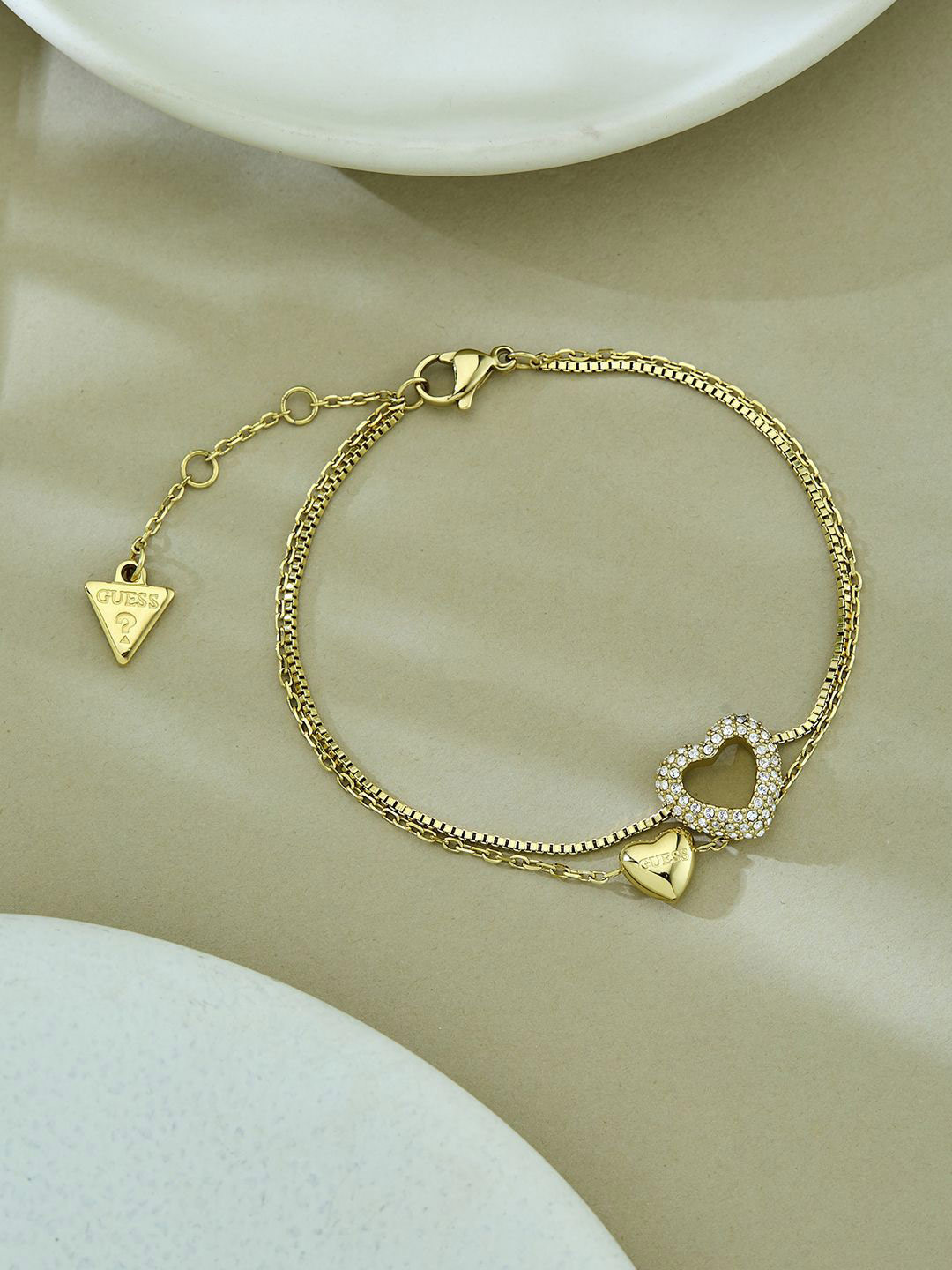 GUESS Stainless Steel Gold-Plated Artificial Studded Stone Studded Charm Link Bracelet